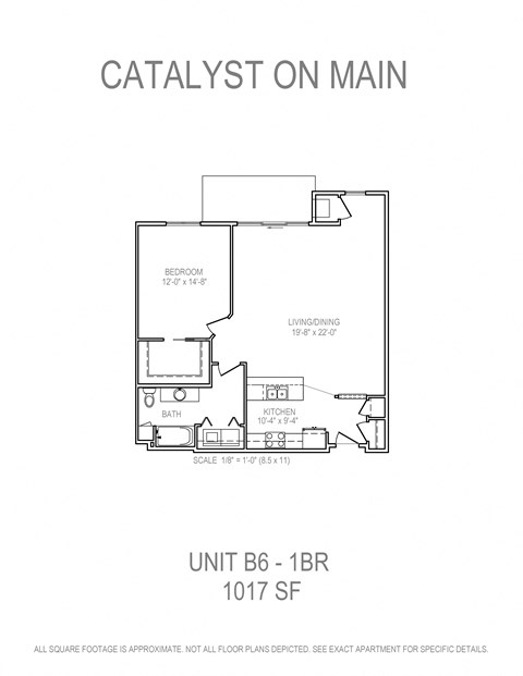 Floor plan for 1 bed, 1 bath, 1017 sqft